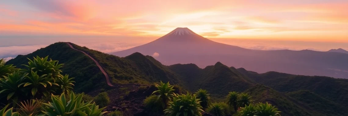 Panoramic sunrise view of Mount Rinjani with lush green foreground and volcanic summit in the distance.