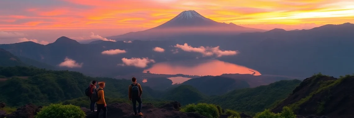 An inspiring sunrise over Mount Rinjani with hikers admiring the view of the crater lake and lush greenery in Indonesia.