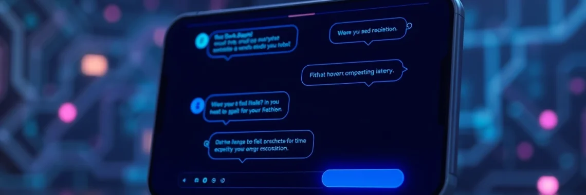 Futuristic AI chatbot interface on a sleek digital device with neon accents and a cyber aesthetic.