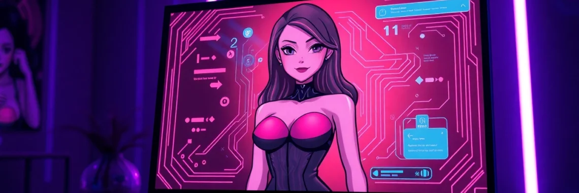Futuristic AI chatbot interface featuring a seductive female character in a neon-lit room.
