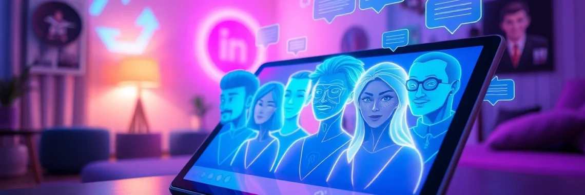 Futuristic digital chat interface with holographic AI characters on a tablet in a modern room