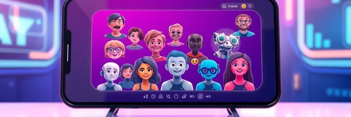 Digital artwork of customizable AI characters in a futuristic chat interface with neon accents