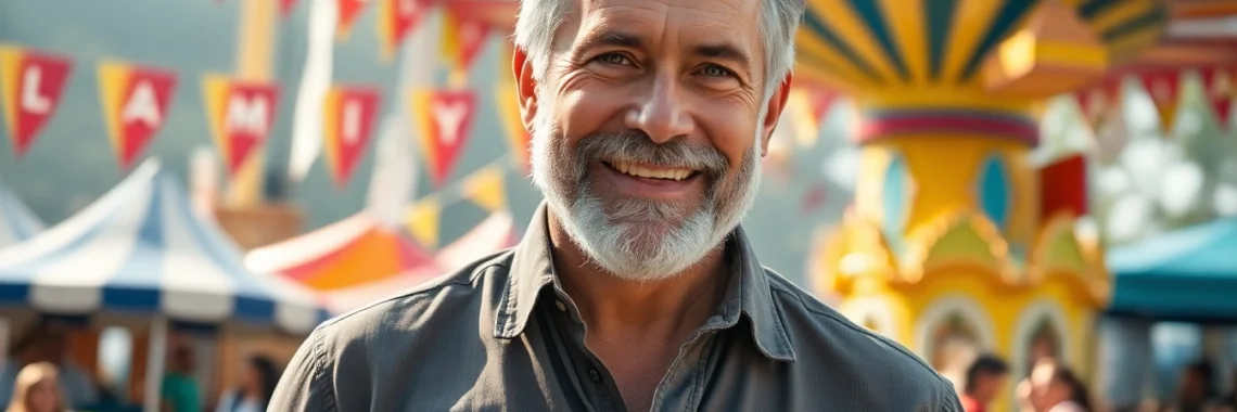 An attractive mature man with salt-and-pepper hair smiling outdoors at a lively amusement park.