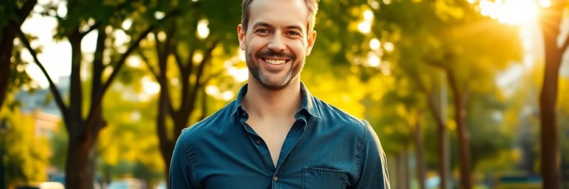 A confident mature man smiling in a park during golden hour
