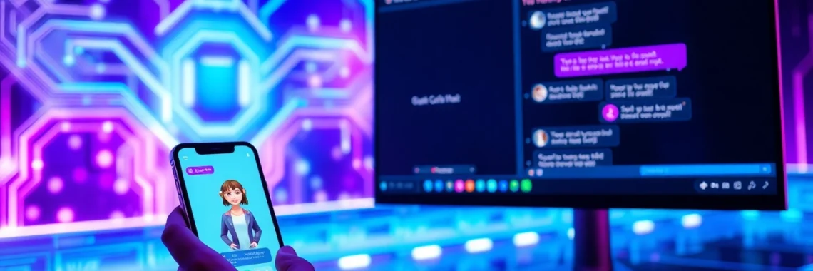 Futuristic AI chatbot platform interface with vibrant neon lights and user interacting with customizable AI characters on multiple devices.