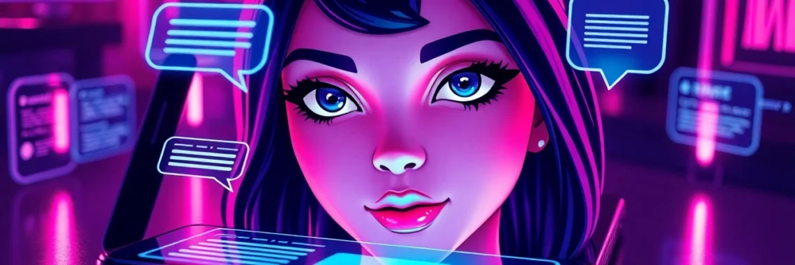 Futuristic AI chatbot interface with a seductive female avatar on a digital device screen, glowing neon colors, and holographic elements.