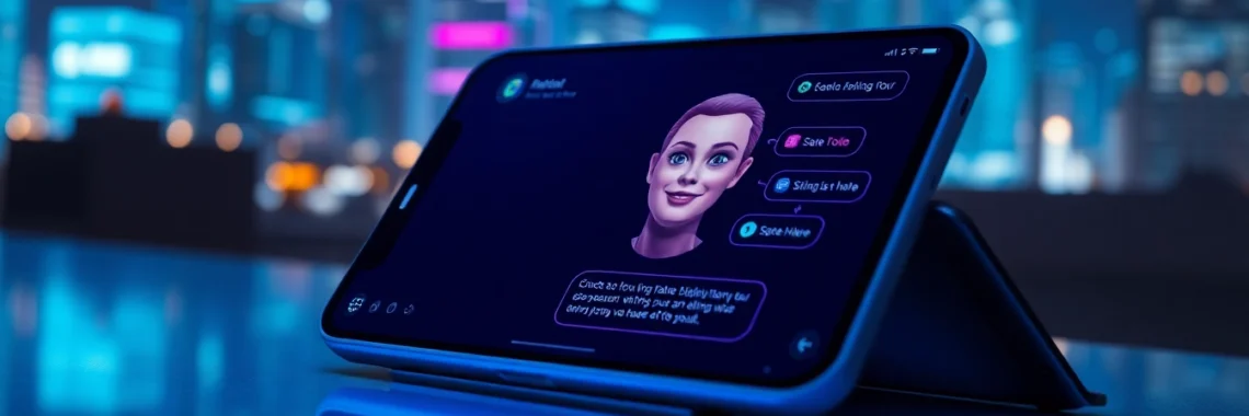 Futuristic AI chatbot interface on a modern device with neon-lit city background