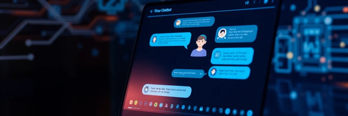 Close-up of a sleek device showing a futuristic AI chatbot platform with colorful avatars and digital interface elements.