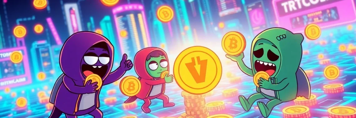 Dynamic scene showcasing Crypto Meme Coins gaining popularity through viral memes and community