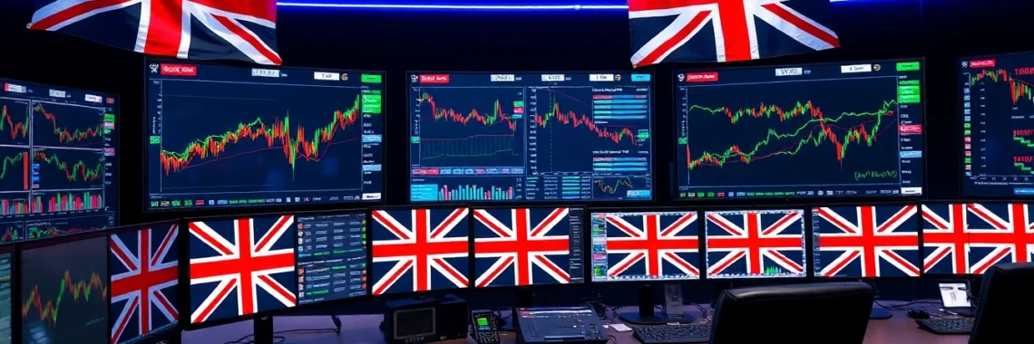 Forex Broker UK trading platform with currency charts and UK flags demonstrating expert forex