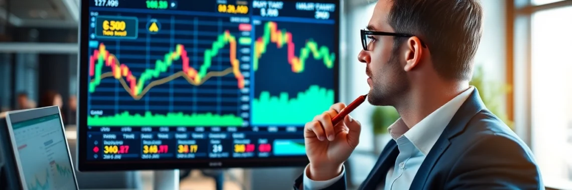Financial analyst reviewing stock charts, gold records, and currency symbols highlighting
